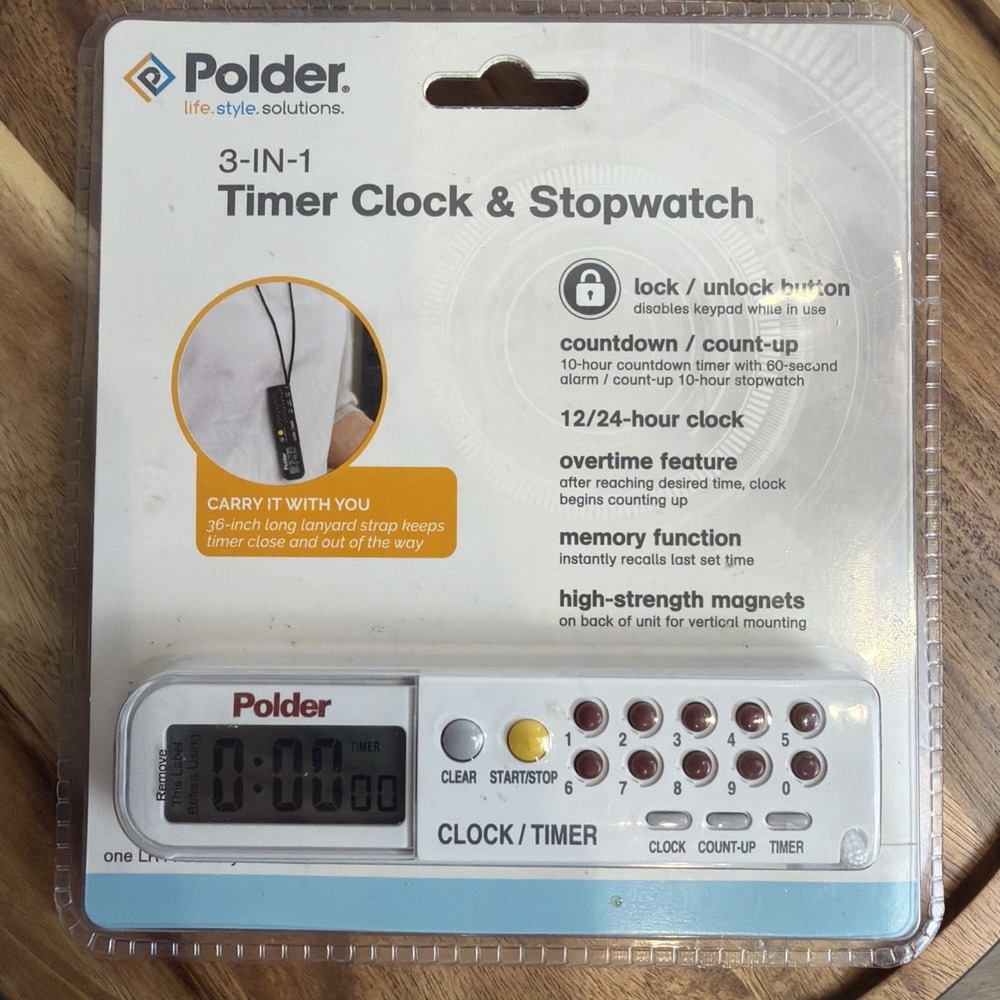 Polder 3-IN-1 Timer Clock & Stopwatch 898-90 Multi Function Tool w/ Lanyard NEW